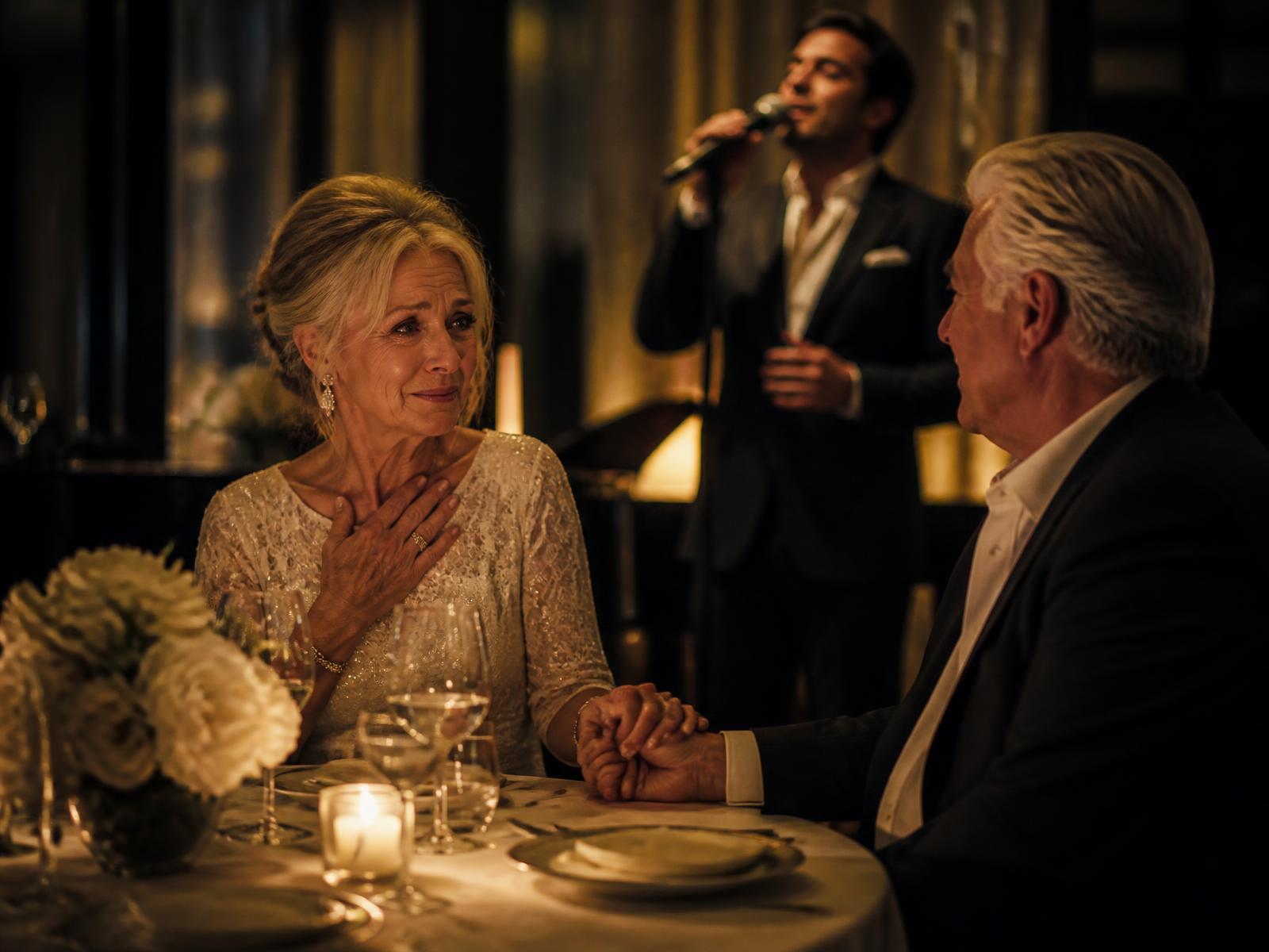 Surprise anniversary singer performing for a couple during a candlelit dinner