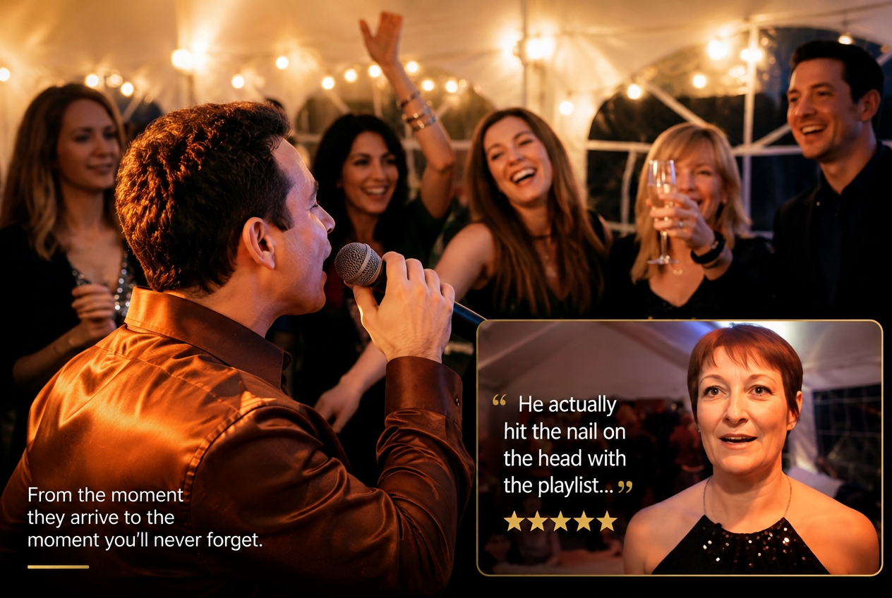 Singergram singer performing to a delighted party crowd